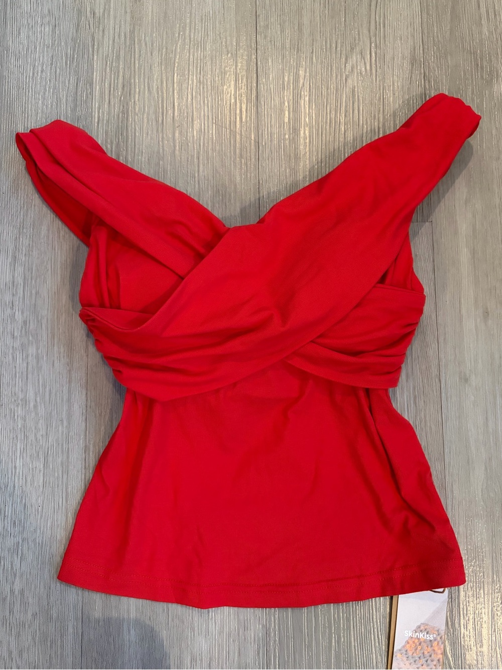 NWT OGL Eco-SkinKiss Criss Cross Off The Shoulder New Airy Bra Top Ruby Red